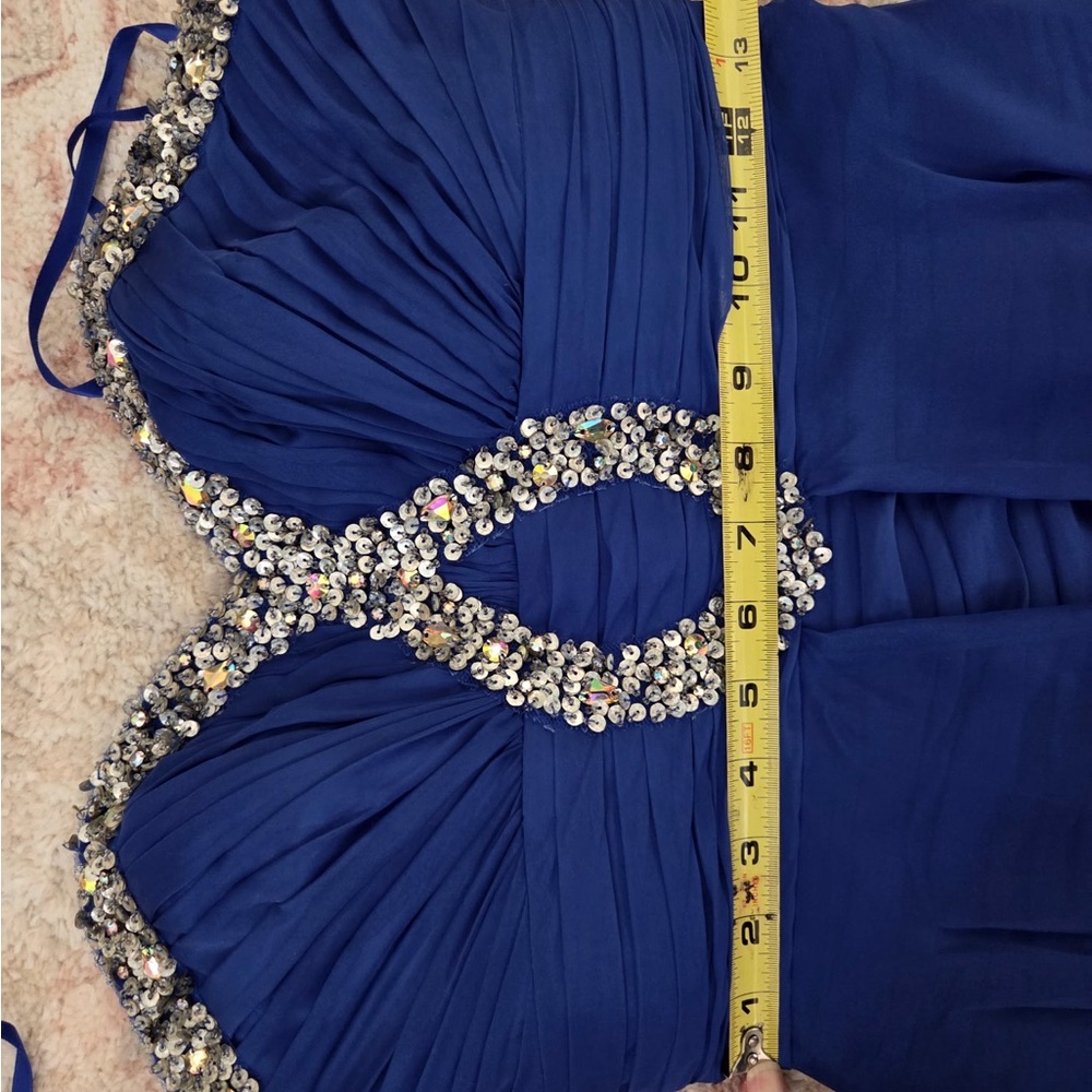 Strapless Royal Blue Evening High-Low Dress with Embellished Bodice - Picture 7 of 10